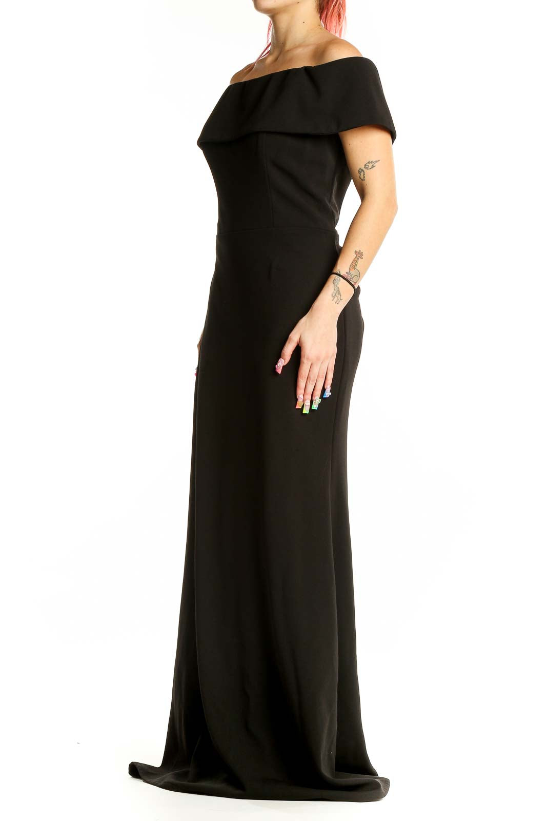 Front view of black off-shoulder mermaid evening gown by Aqua Formal