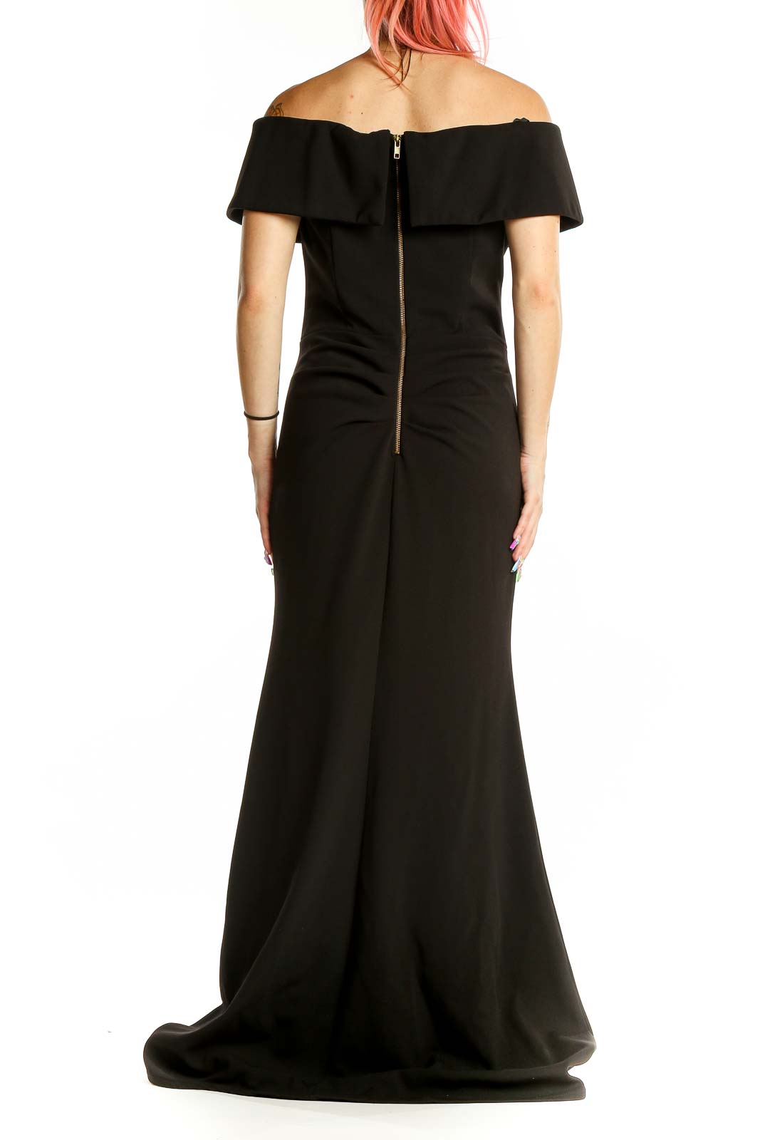 Back view of black off-shoulder mermaid evening gown with zipper closure