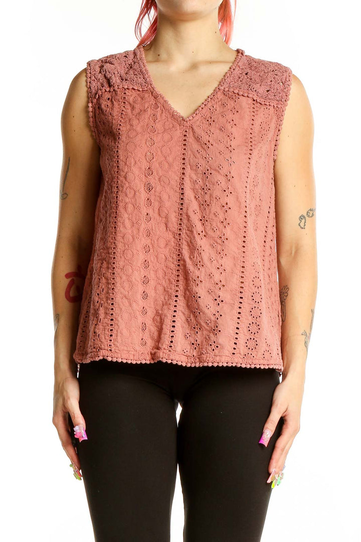 Front view of Joie dusty rose eyelet lace sleeveless top