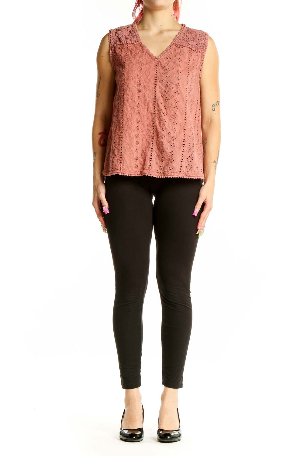 Front view of Joie dusty rose eyelet lace sleeveless top