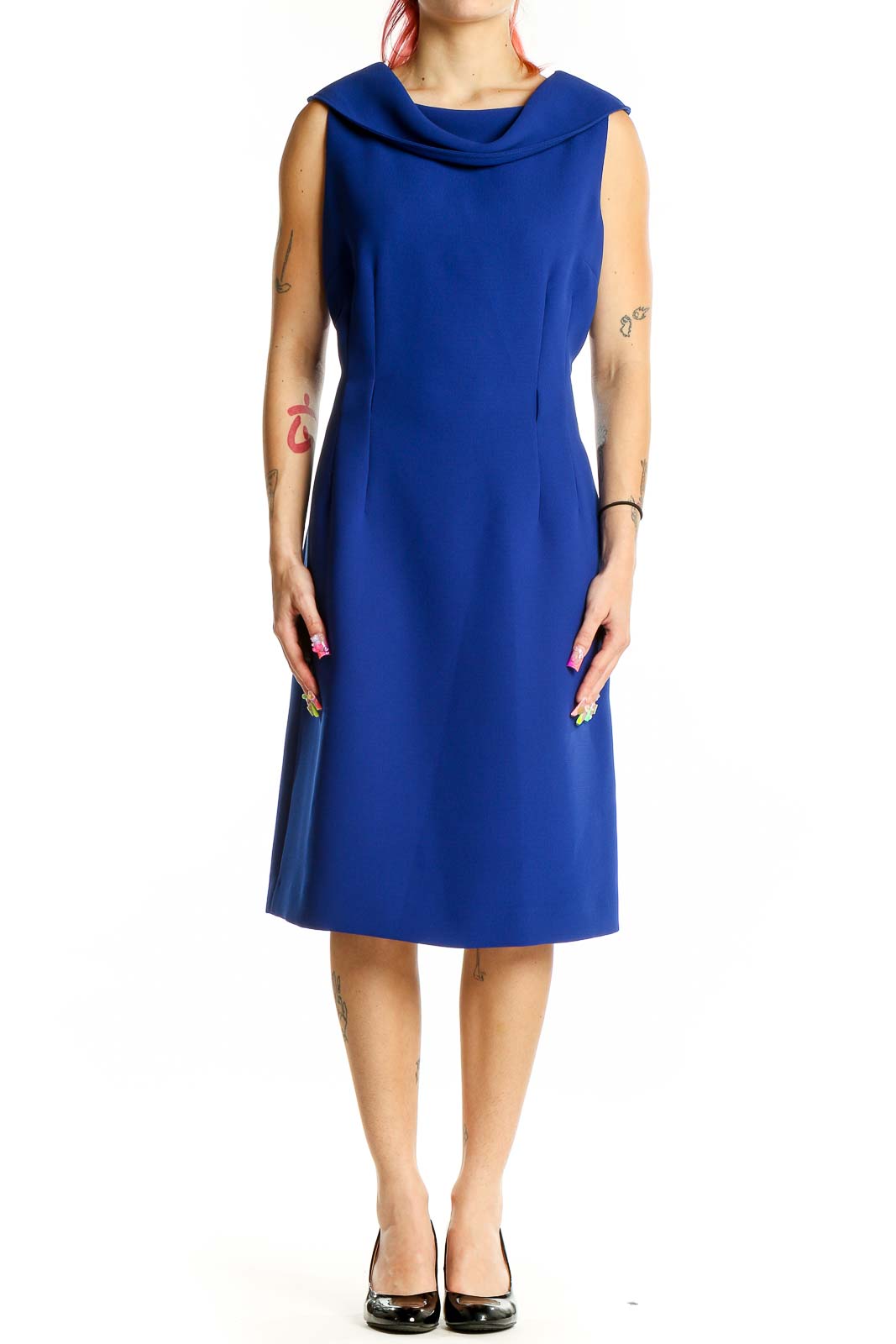 Front view of royal blue Tahari Arthur S. Levine sheath dress with cowl neckline