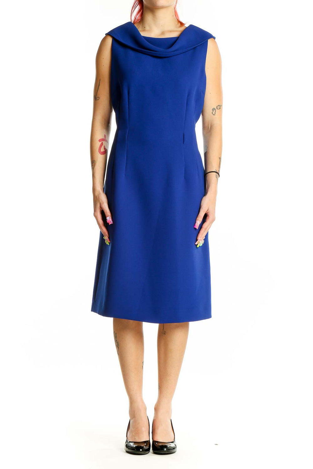 Front view of royal blue Tahari Arthur S. Levine sheath dress with cowl neckline