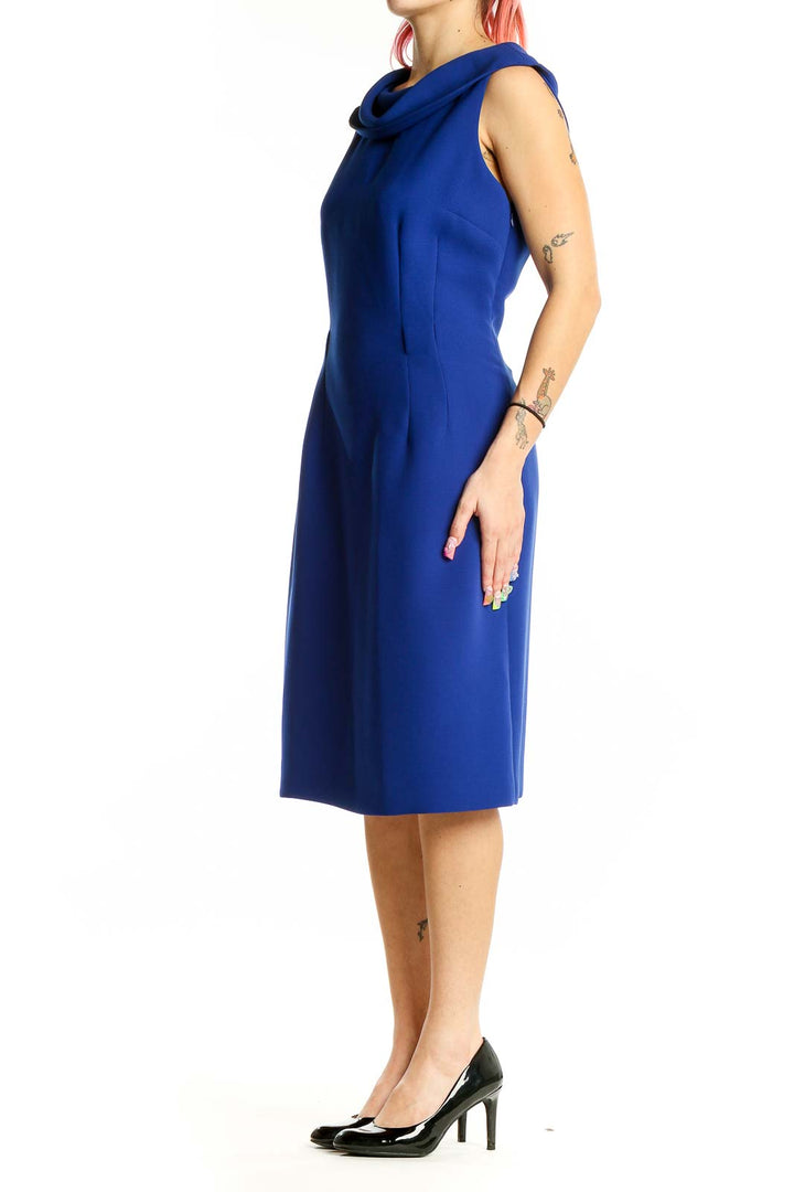 Front view of royal blue Tahari Arthur S. Levine sheath dress with cowl neckline