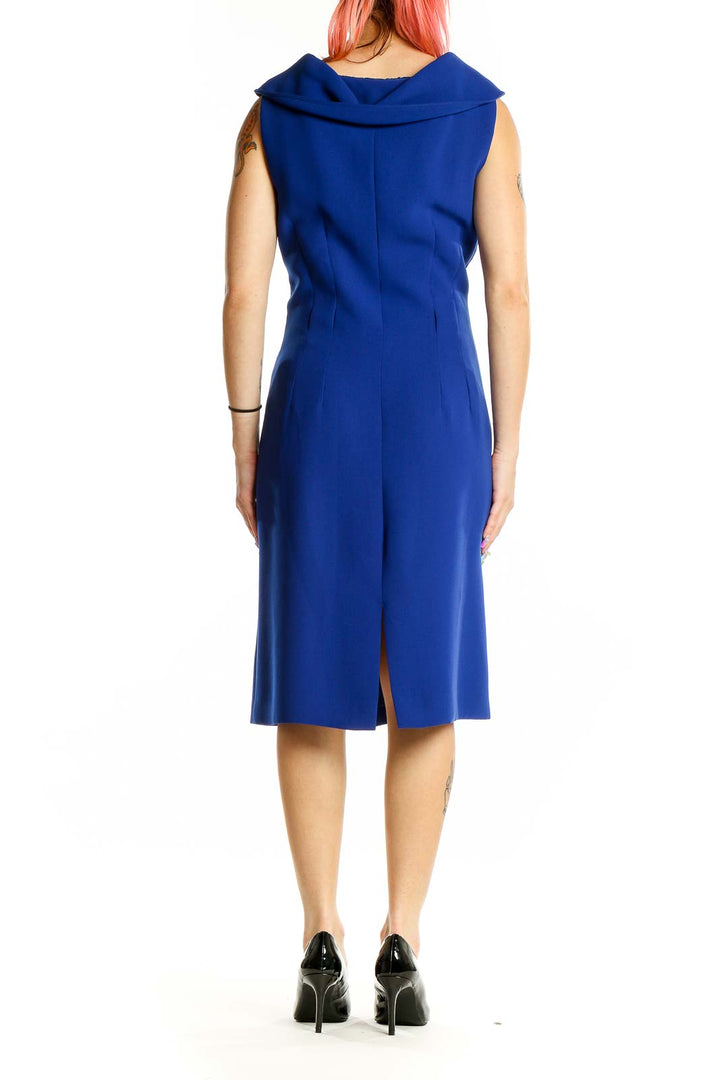 Back view of royal blue Tahari Arthur S. Levine sheath dress showing center slit