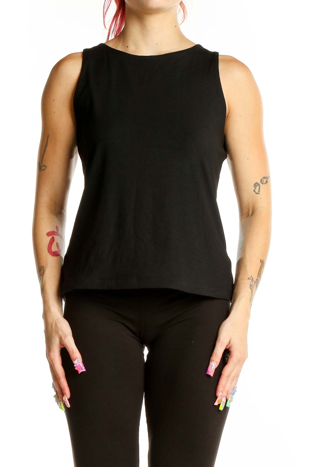 Front view of black sleeveless stretch top by Tahari Modern Essentials