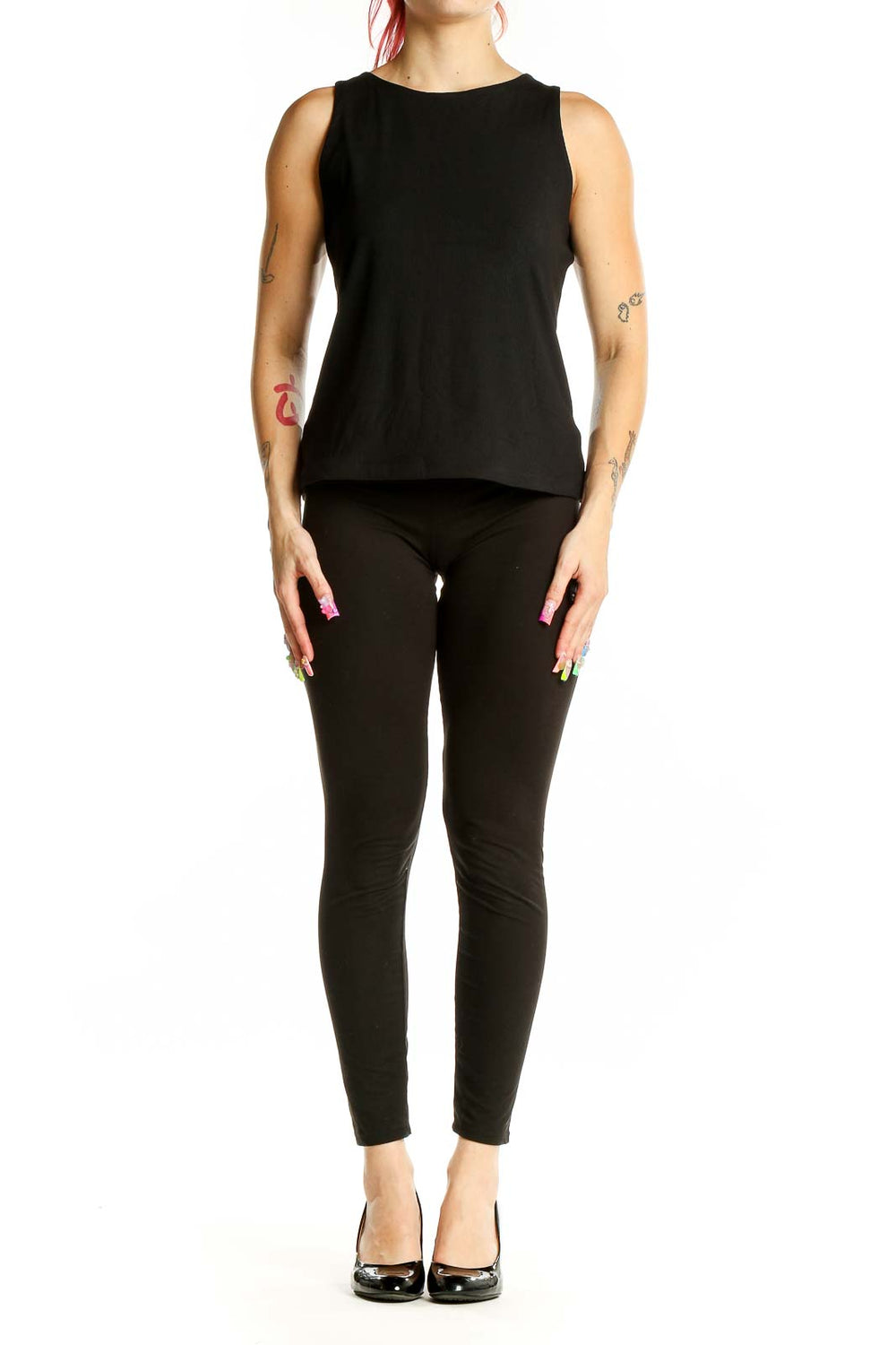 Front view of black sleeveless stretch top by Tahari Modern Essentials