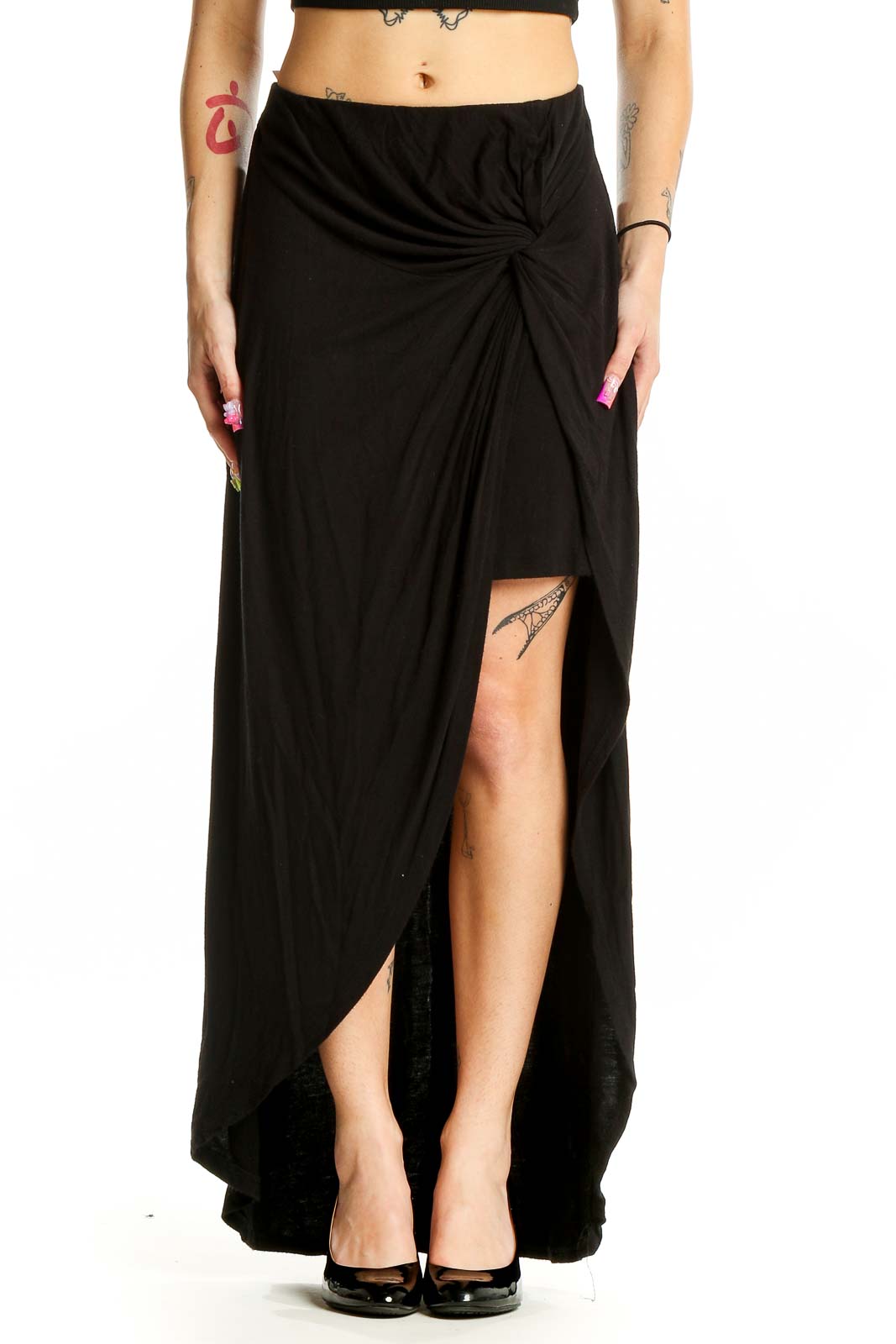 Front view of Bobeau black draped maxi skirt with high slit