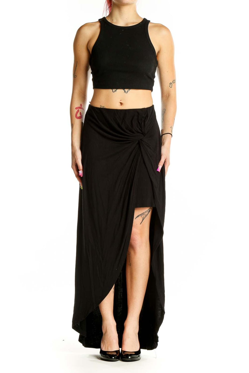 Front view of Bobeau black draped maxi skirt with high slit