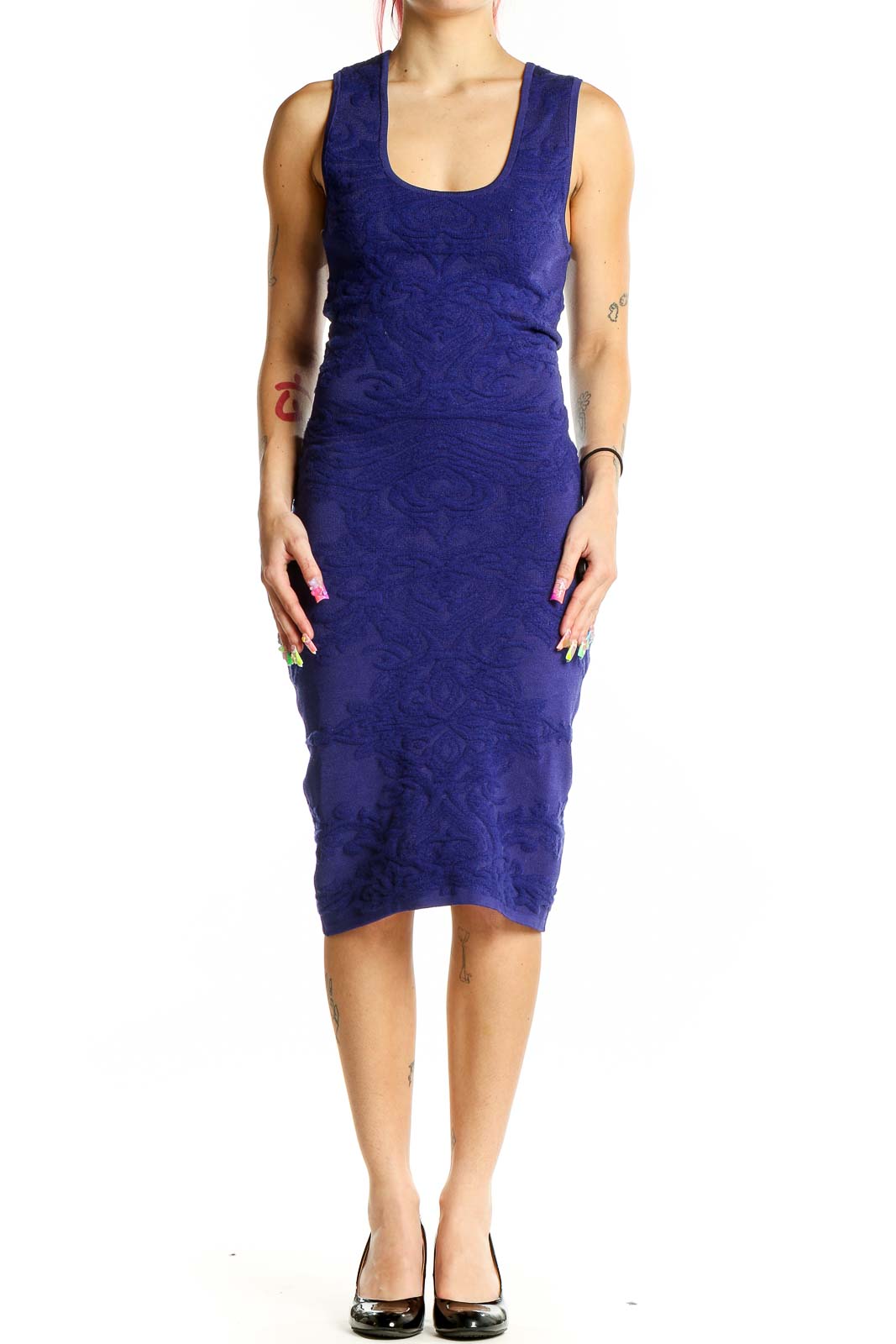 Front view of navy floral textured bodycon midi dress by Nicole Miller Artelier