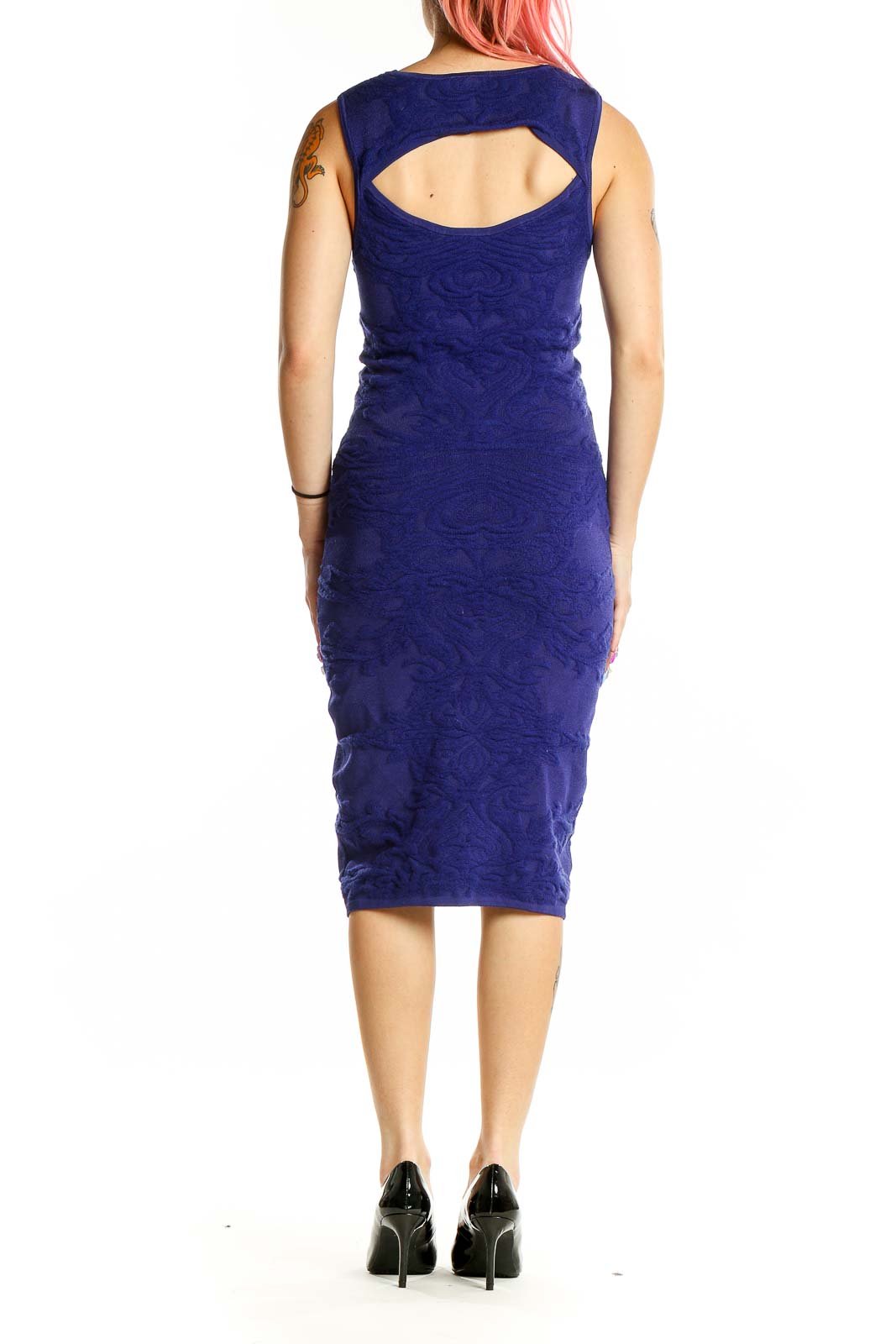 Back view of navy floral textured bodycon midi dress with cutout detail by Nicole Miller Artelier