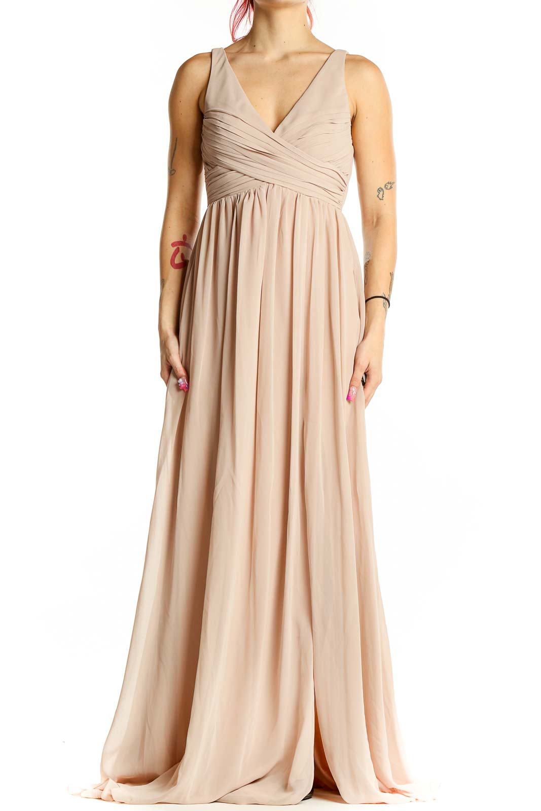 Front view of blush Birdy Grey V-neck maxi bridesmaid dress with crossover bodice