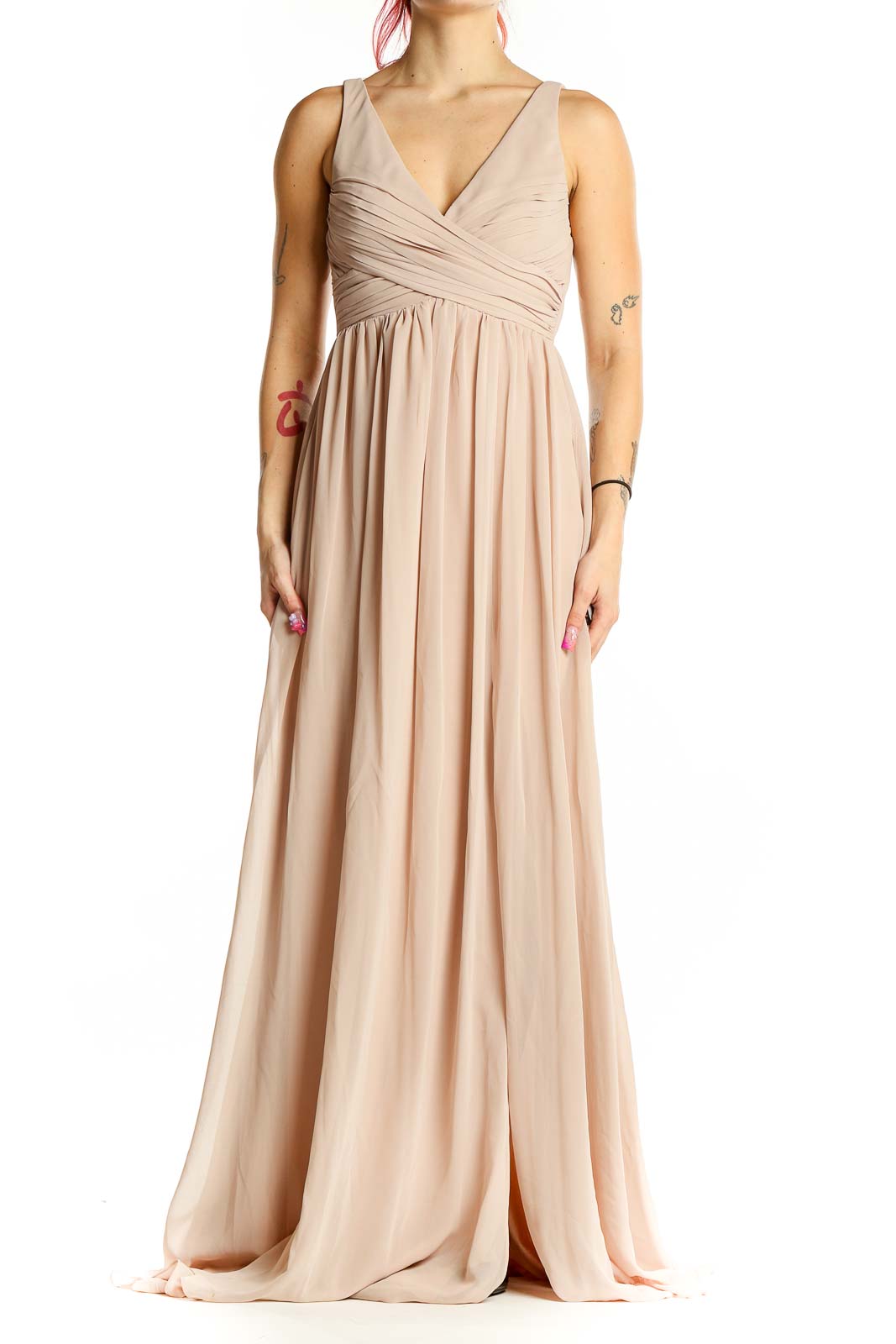 Front view of blush Birdy Grey V-neck maxi bridesmaid dress with crossover bodice