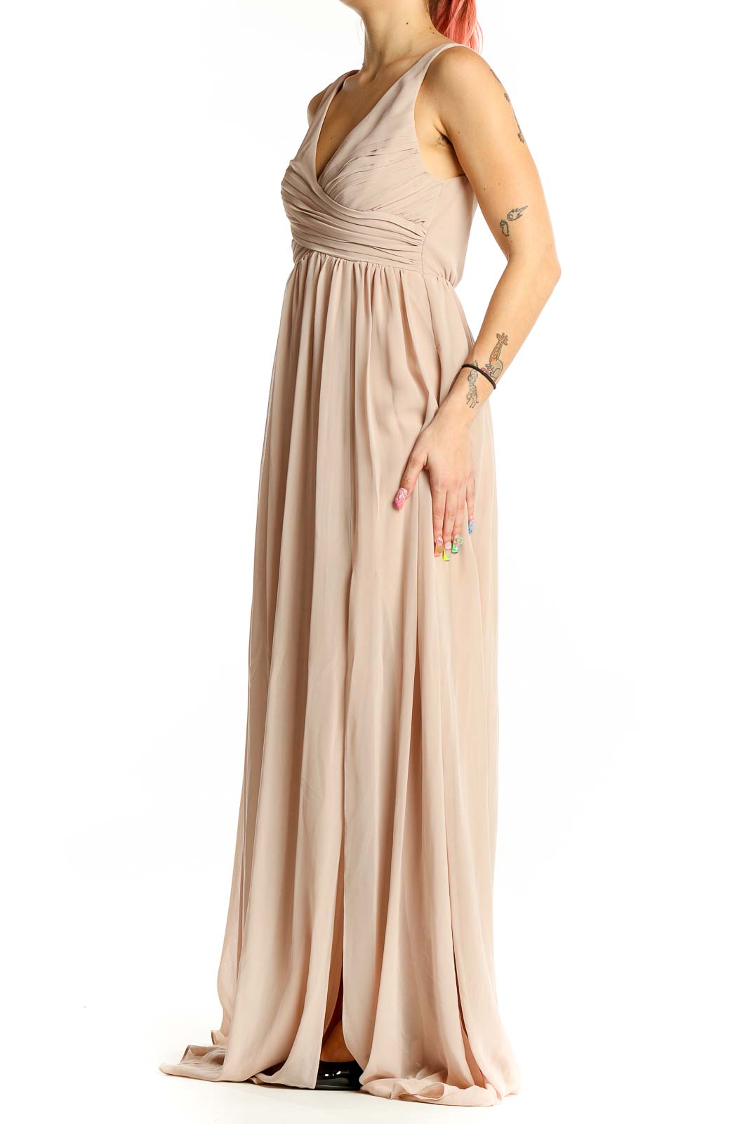 Front view of blush Birdy Grey V-neck maxi bridesmaid dress with crossover bodice