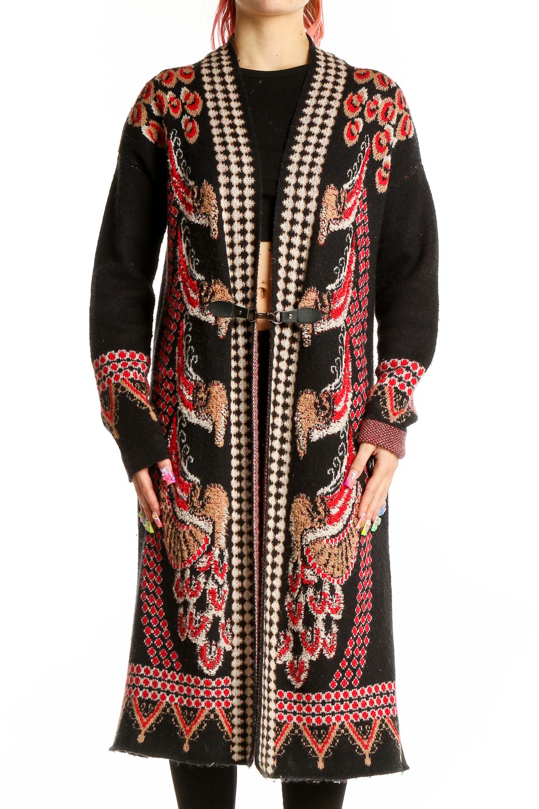 Front view of Vertigo black long cardigan with red and gold floral embroidery