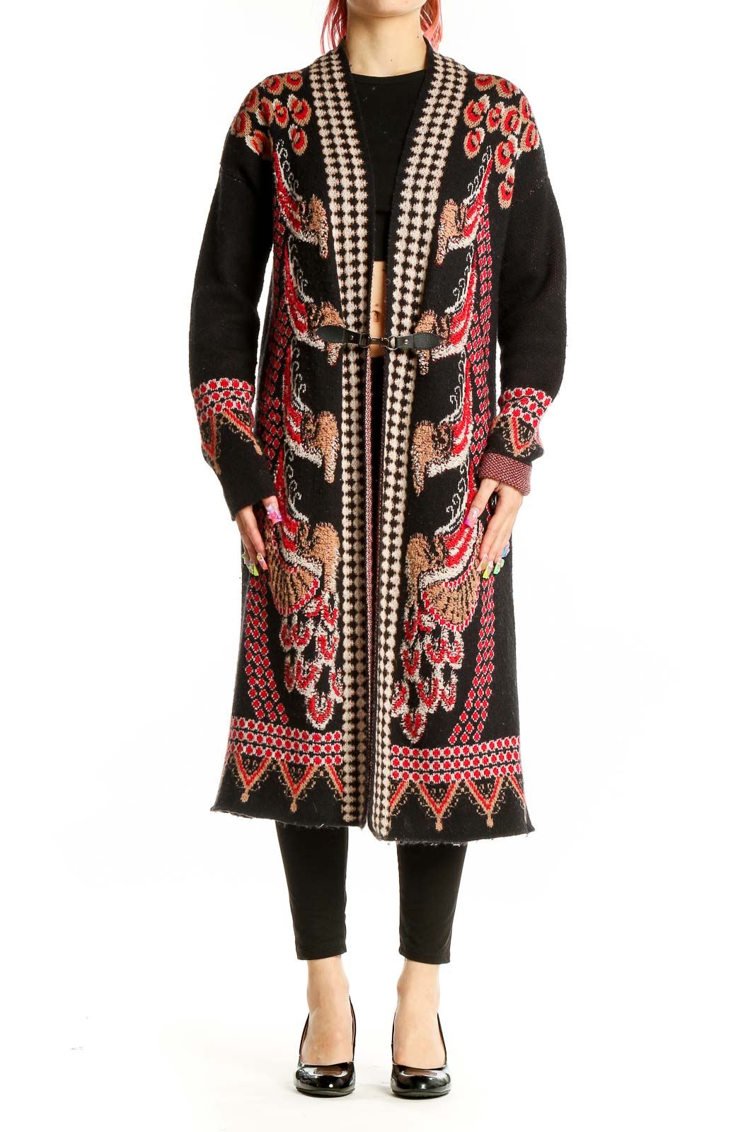 Front view of Vertigo black long cardigan with red and gold floral embroidery