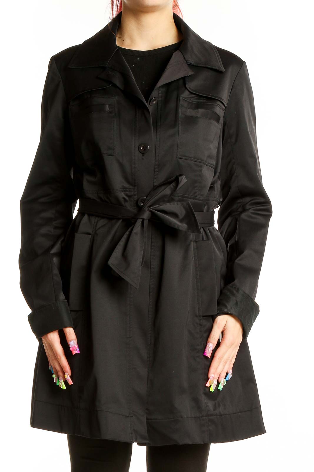 Front view of black Paige Black Label trench coat with belt