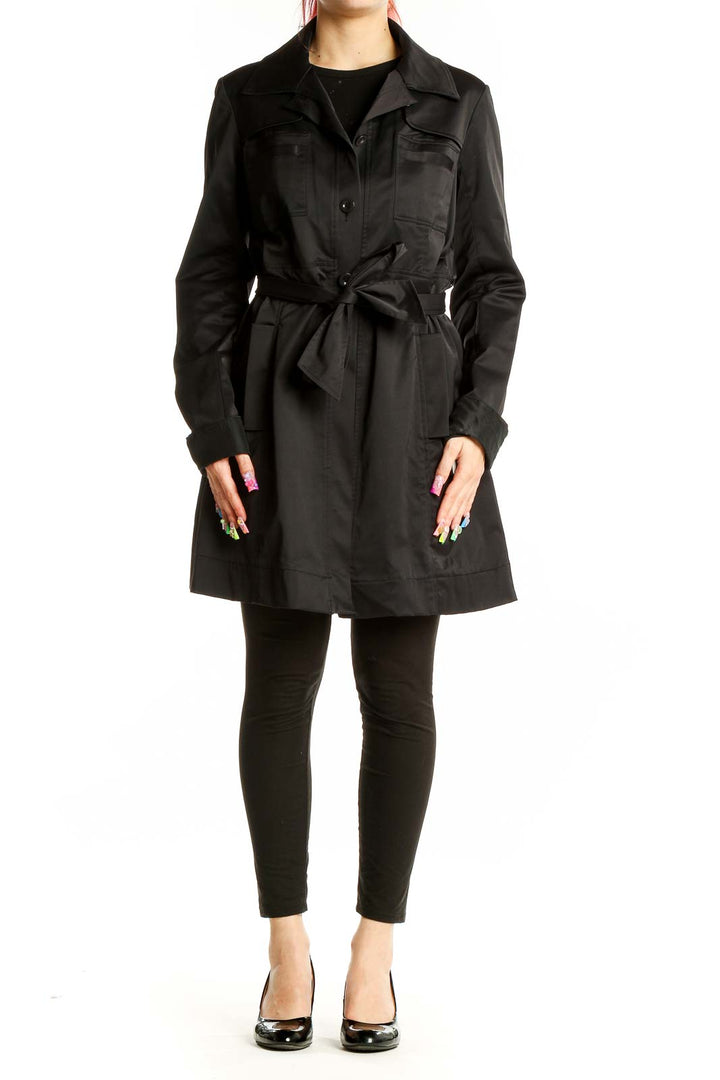 Front view of black Paige Black Label trench coat with belt