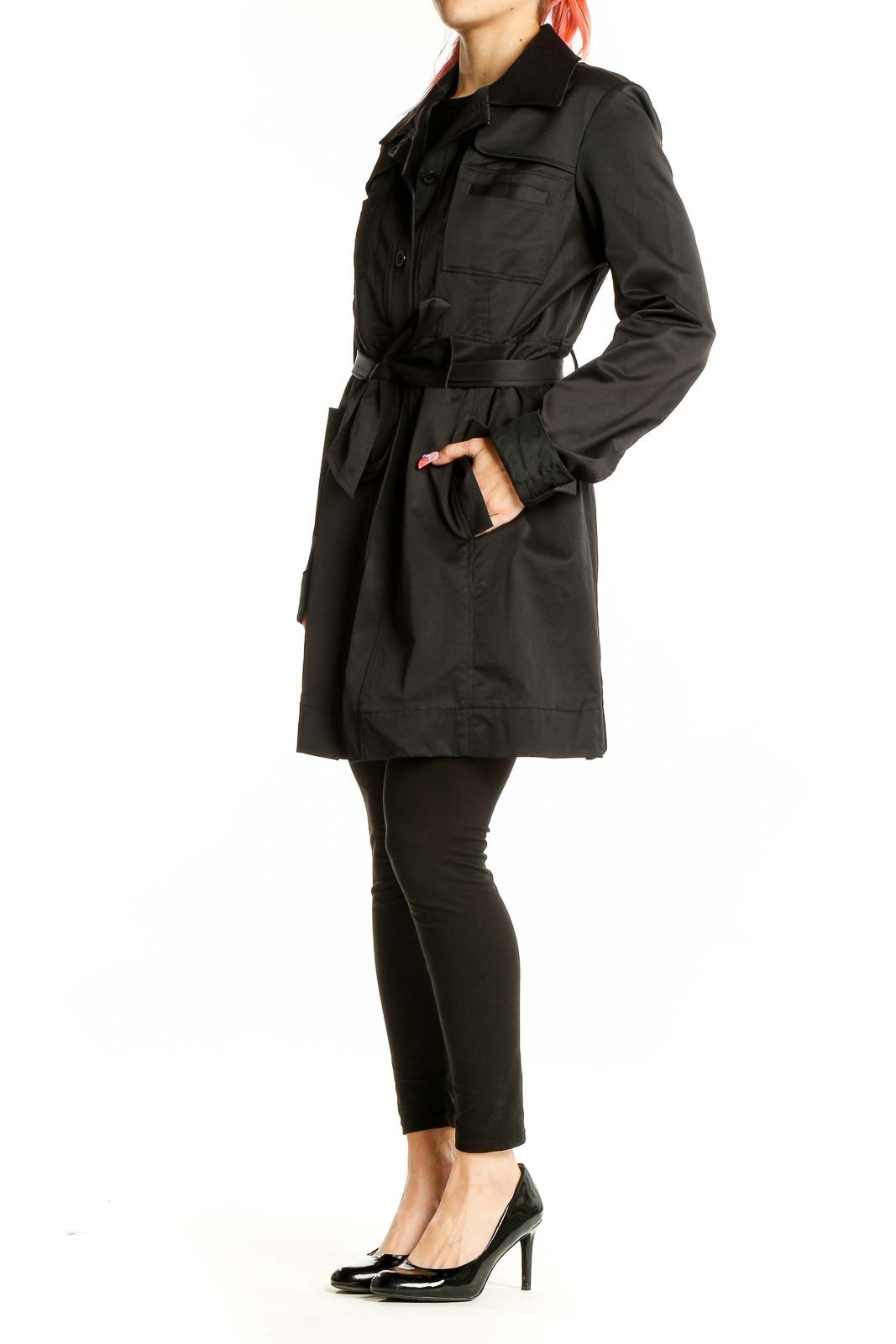 Front view of black Paige Black Label trench coat with belt