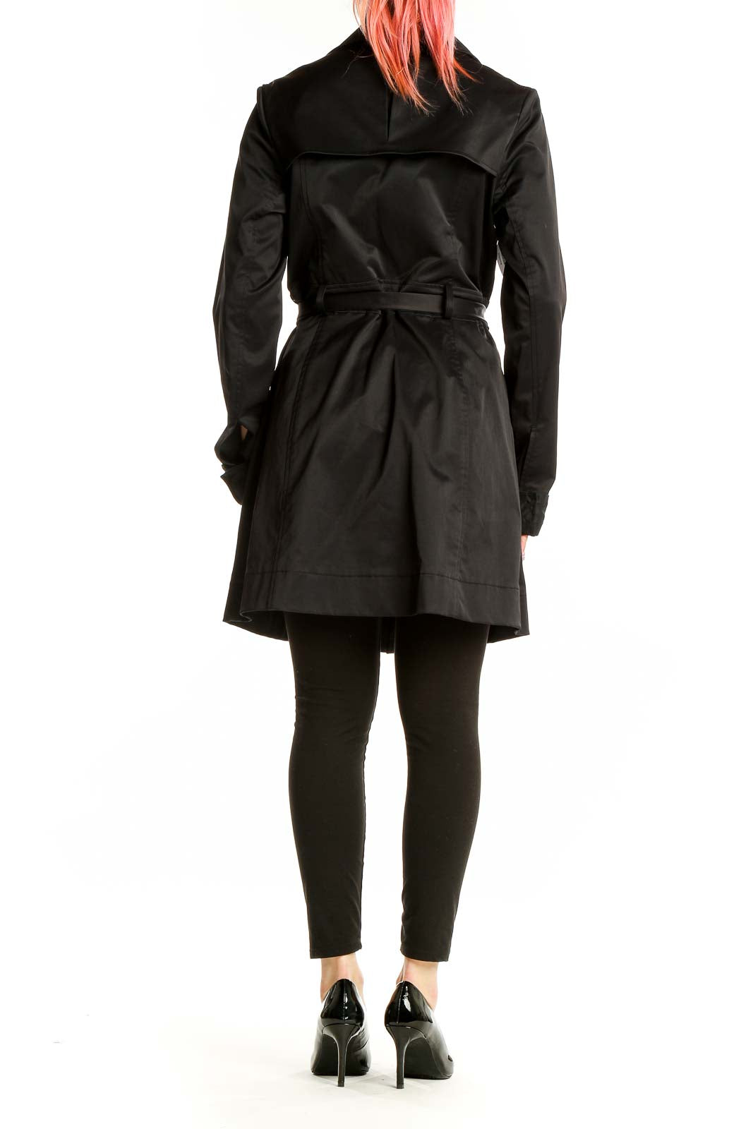 Back view of black Paige Black Label trench coat on model