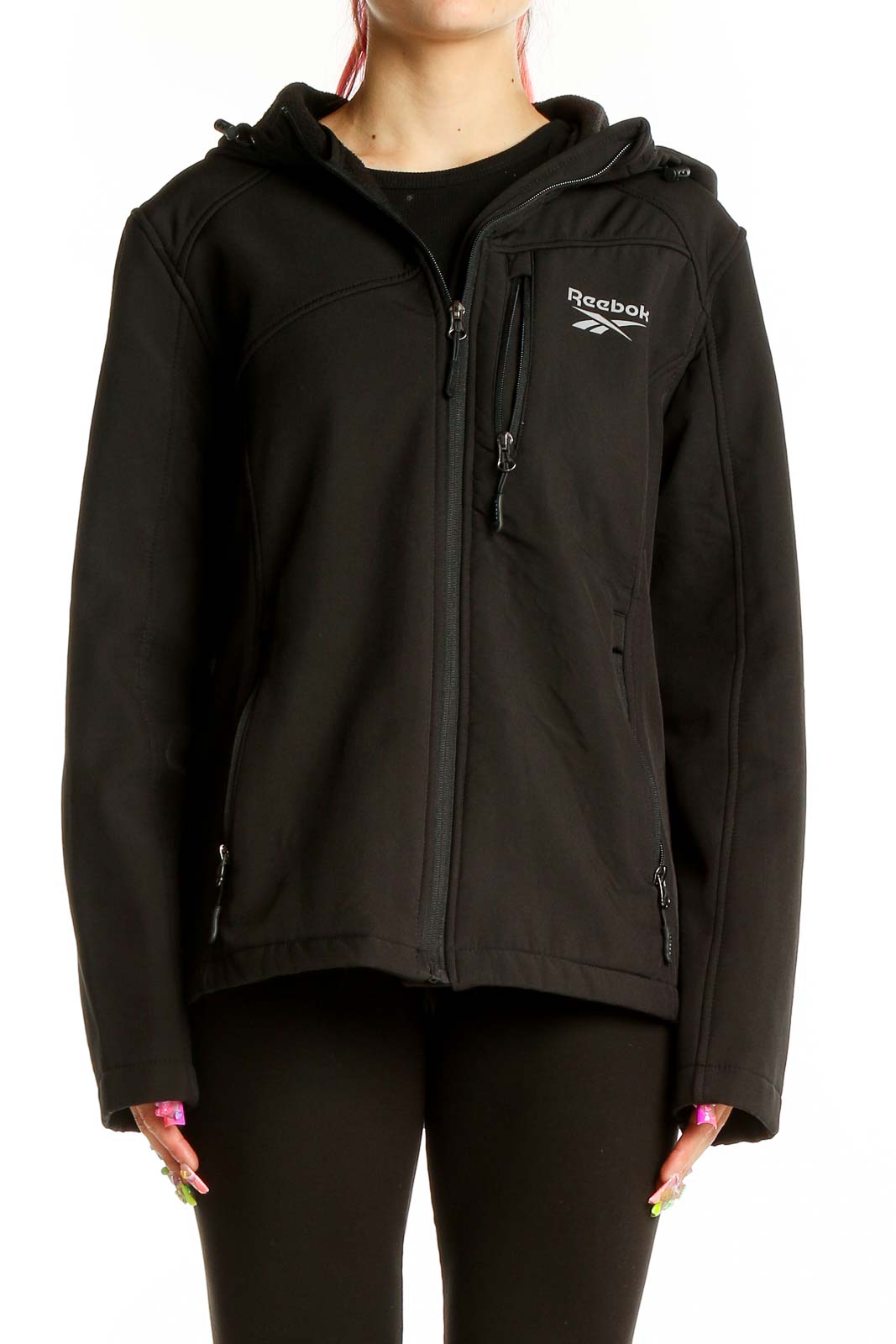 Front view of black Reebok hooded performance jacket with chest pocket