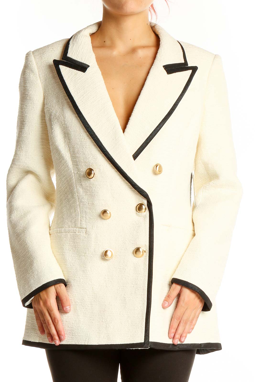 Front view of cream Express double-breasted blazer with black trim