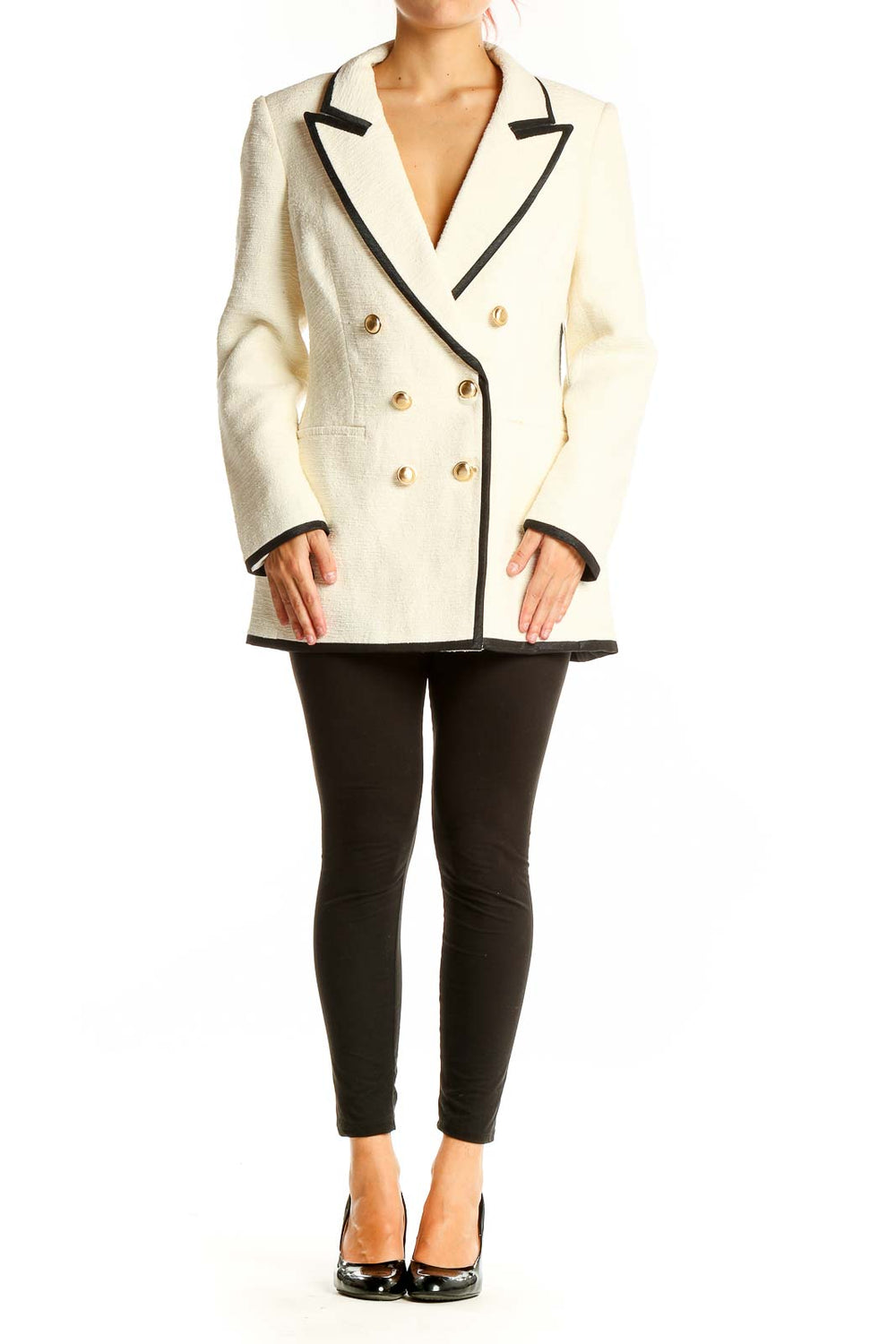 Front view of cream Express double-breasted blazer with black trim