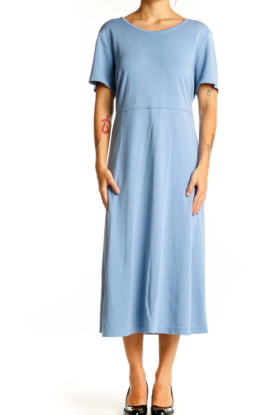 Front view of light blue L.L.Bean midi T-shirt dress