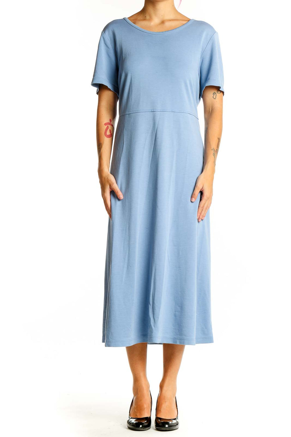 Front view of light blue L.L.Bean midi T-shirt dress