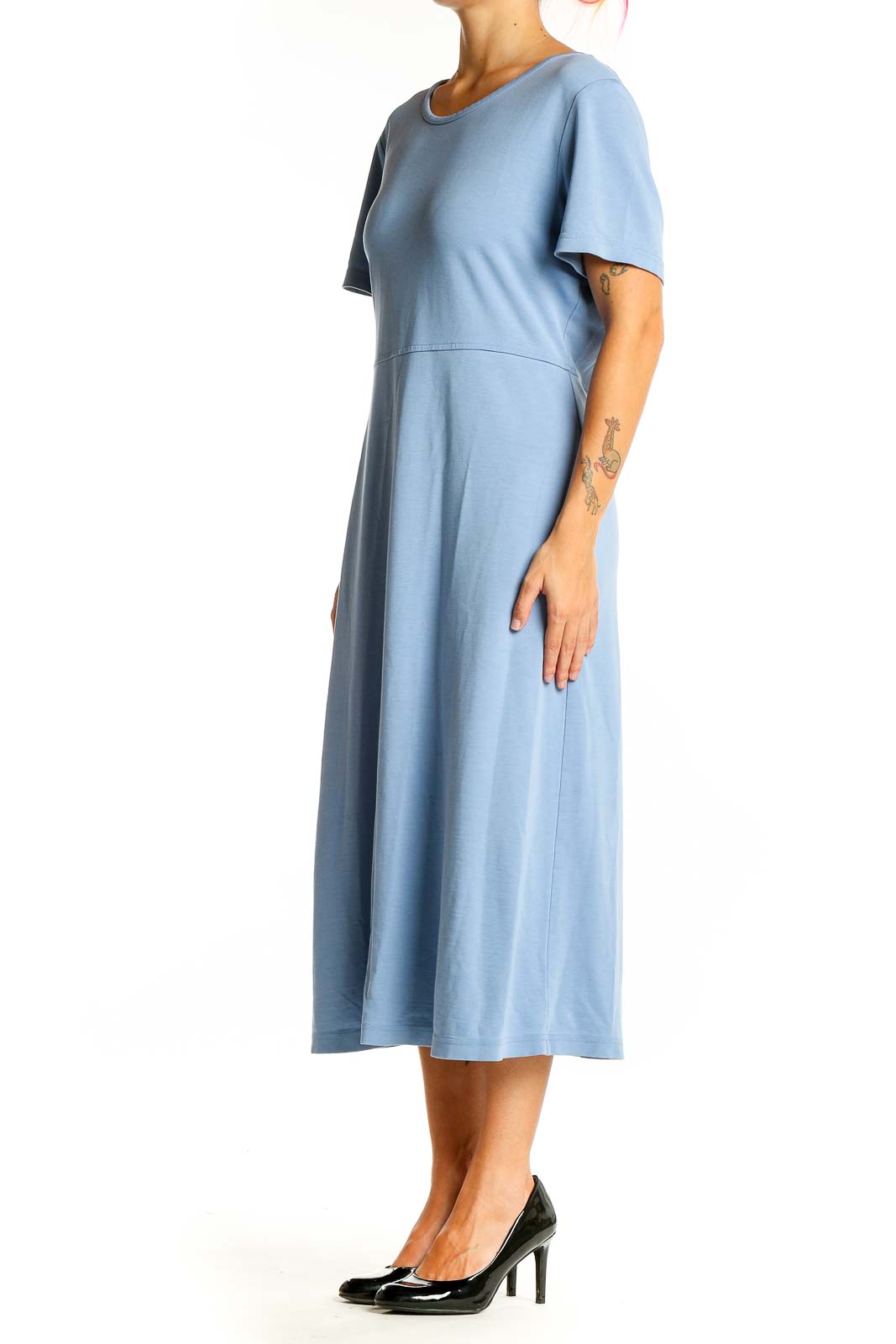 Front view of light blue L.L.Bean midi T-shirt dress