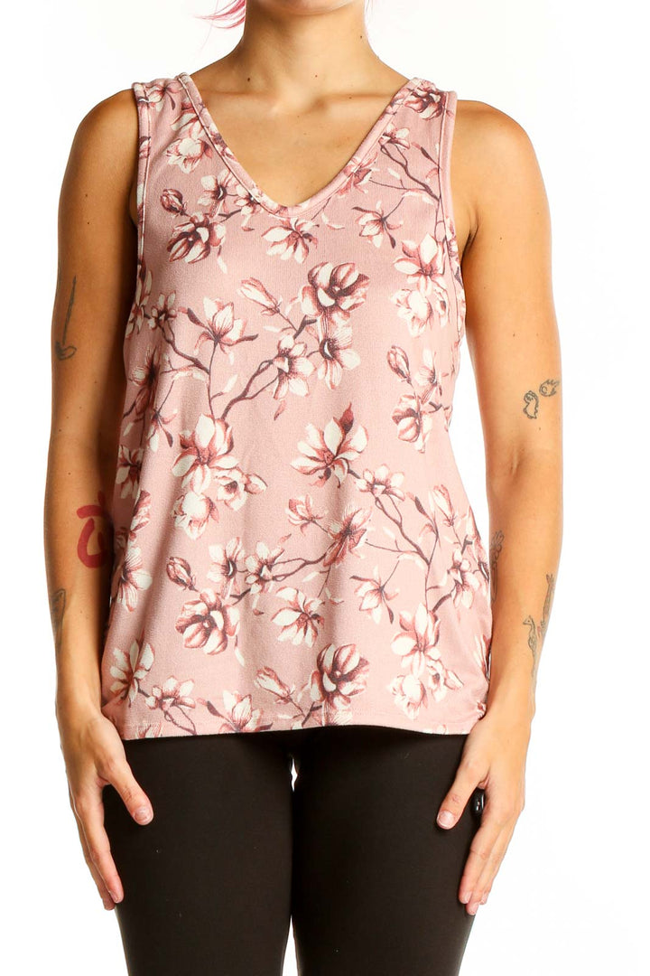 Front view of Vince Camuto pink floral sleeveless V-neck top