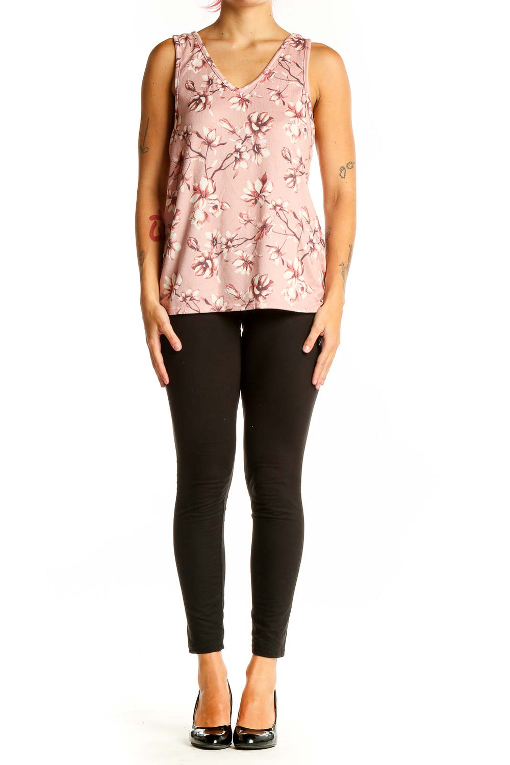 Front view of Vince Camuto pink floral sleeveless V-neck top