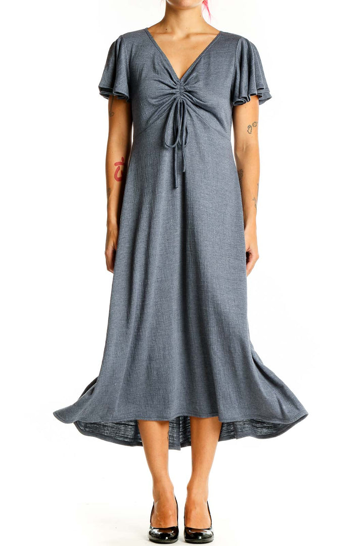 Front view of Max Studio gray flutter sleeve midi dress with V-neckline