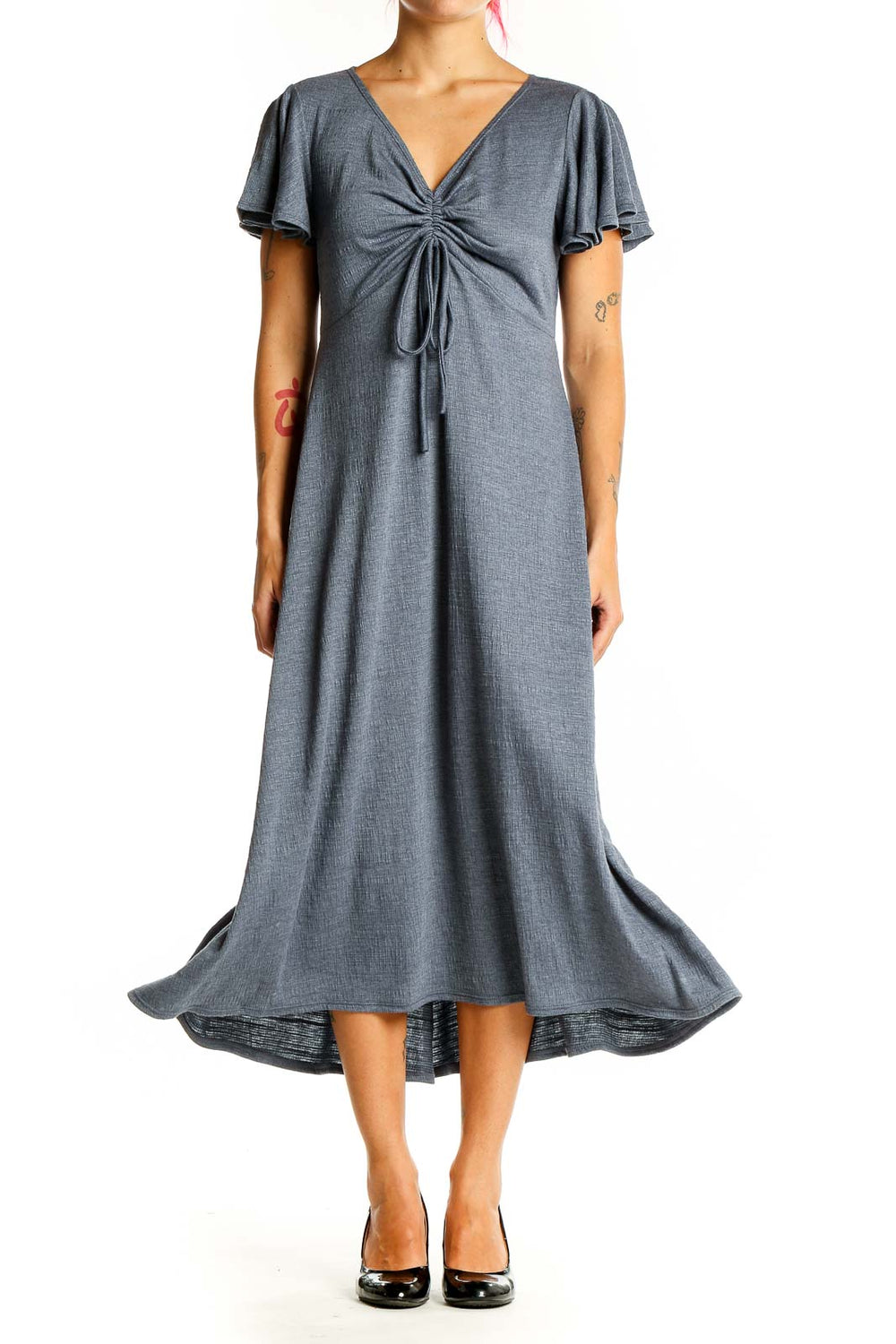 Front view of Max Studio gray flutter sleeve midi dress with V-neckline