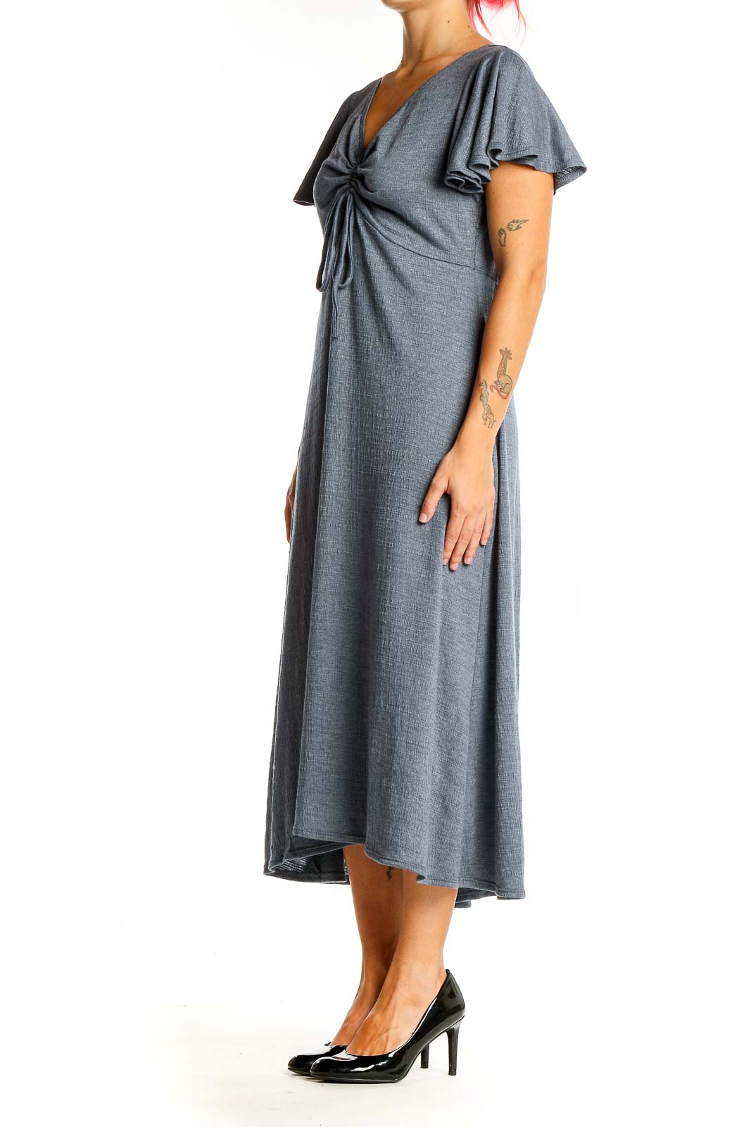 Front view of Max Studio gray flutter sleeve midi dress with V-neckline