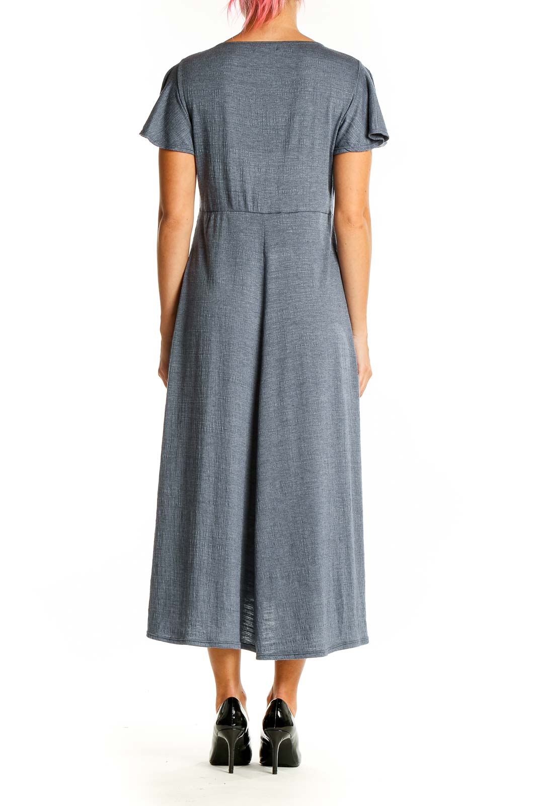 Back view of Max Studio gray flutter sleeve midi dress showing A-line silhouette