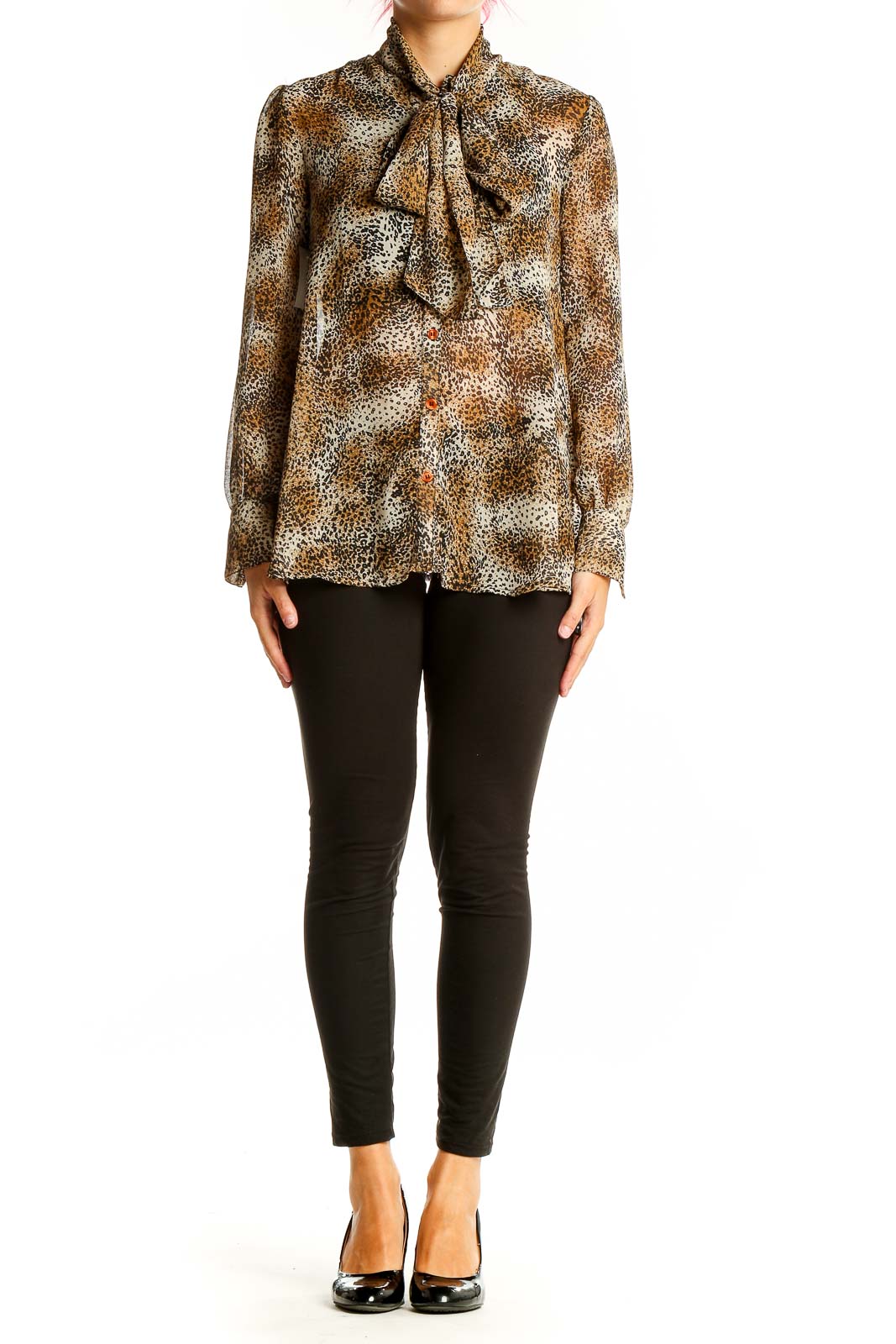 Front view of ASOS brown leopard print tie-neck blouse