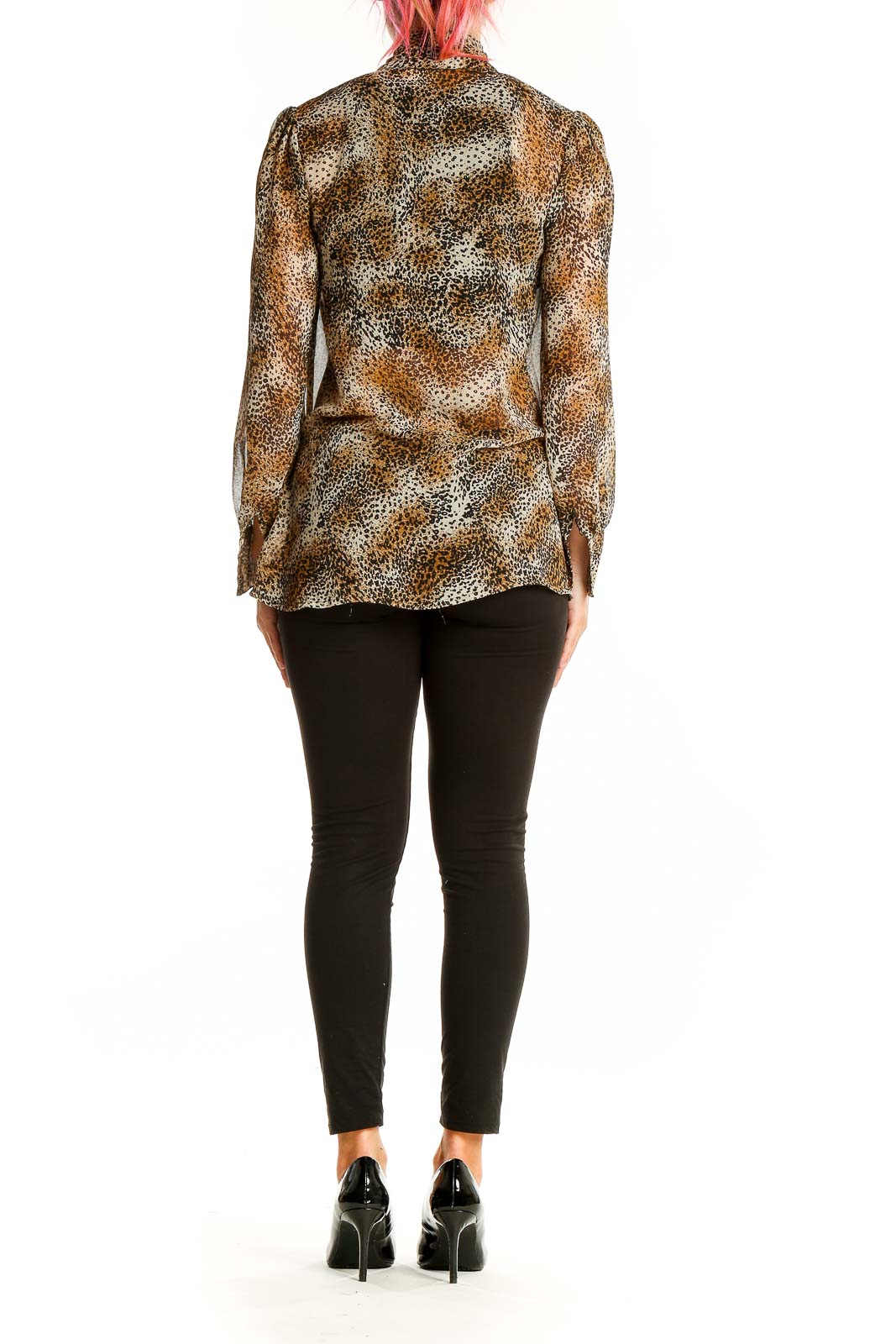 Back view of ASOS brown leopard print blouse showing all-over pattern