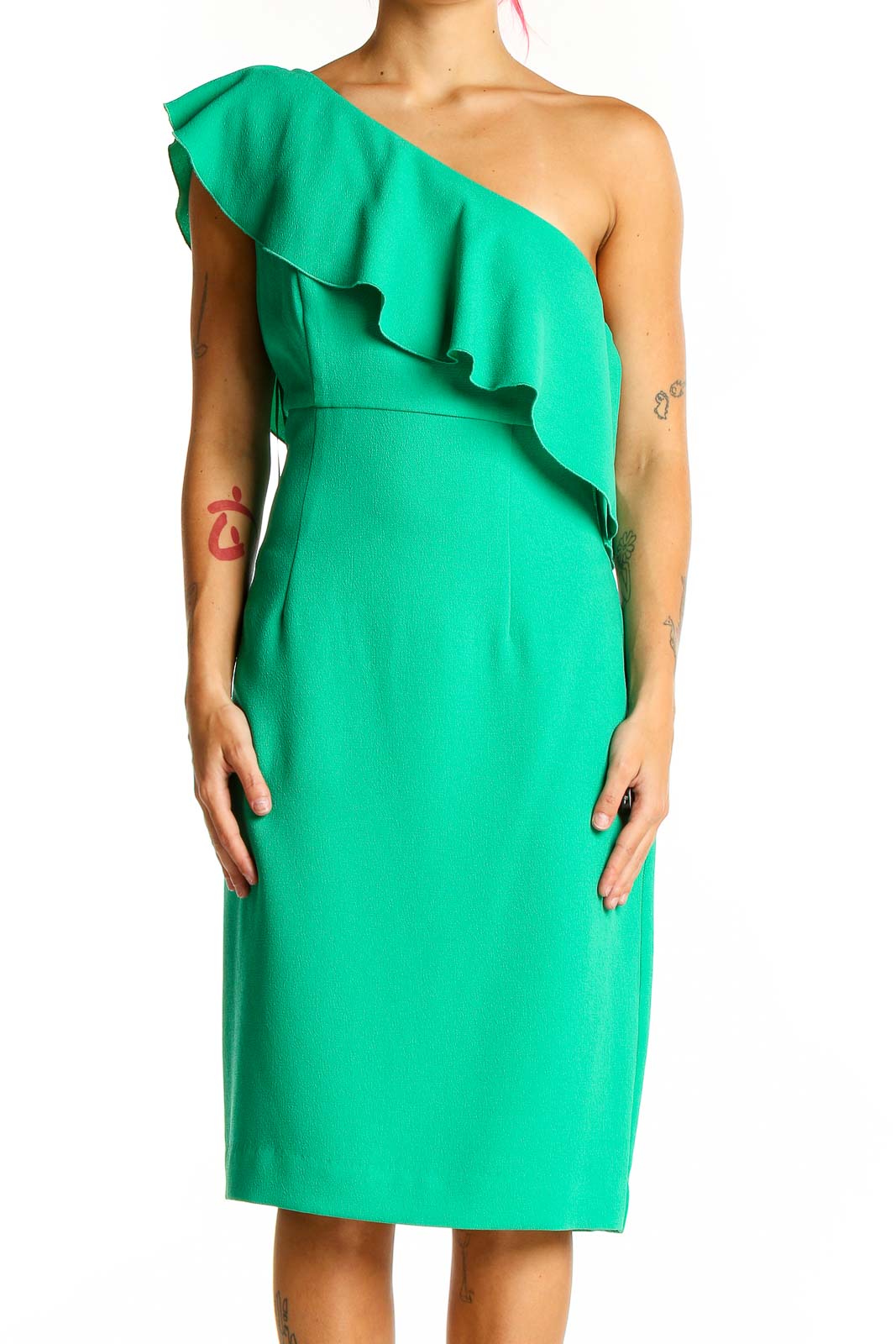 Front view of green one-shoulder ruffled cocktail dress by Trina Turk