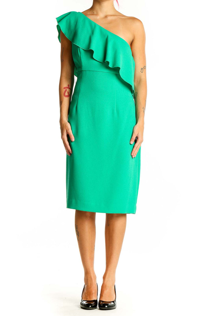 Front view of green one-shoulder ruffled cocktail dress by Trina Turk