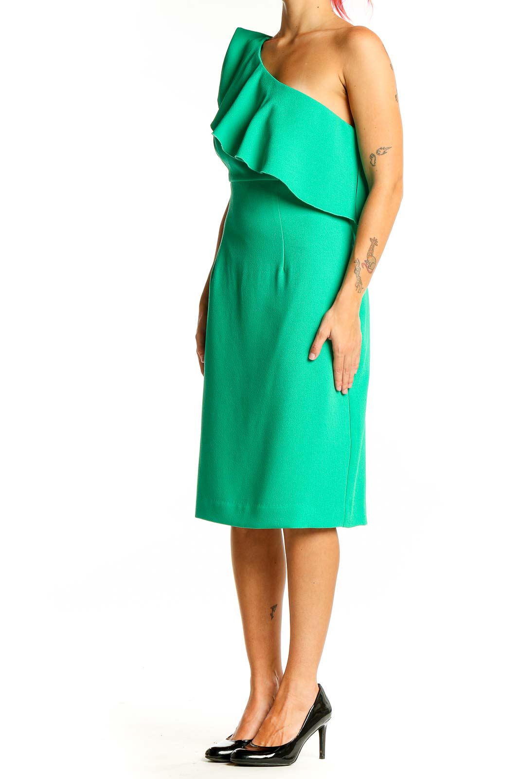 Front view of green one-shoulder ruffled cocktail dress by Trina Turk