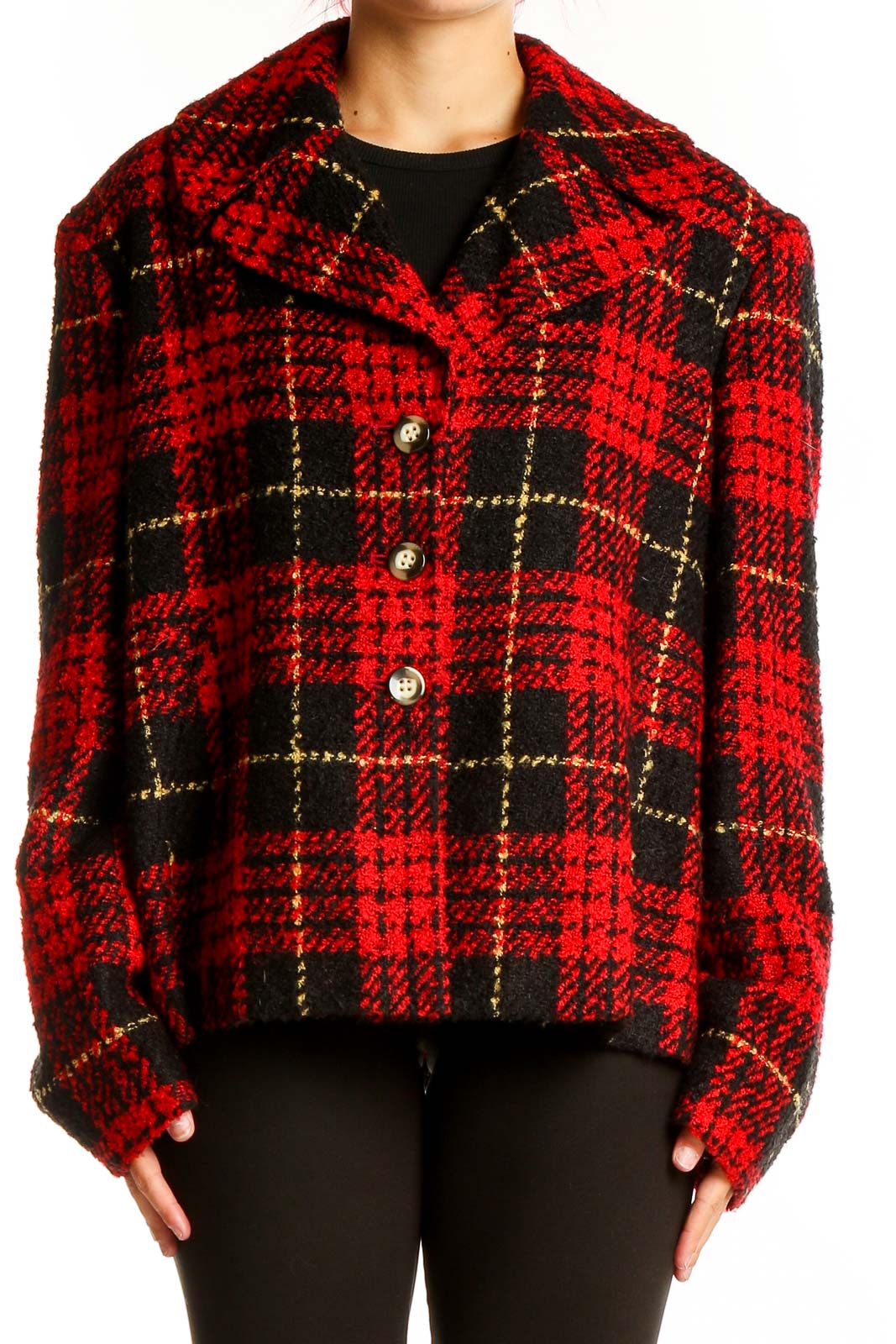 Front view of Evan Picone red plaid cropped jacket with button closure