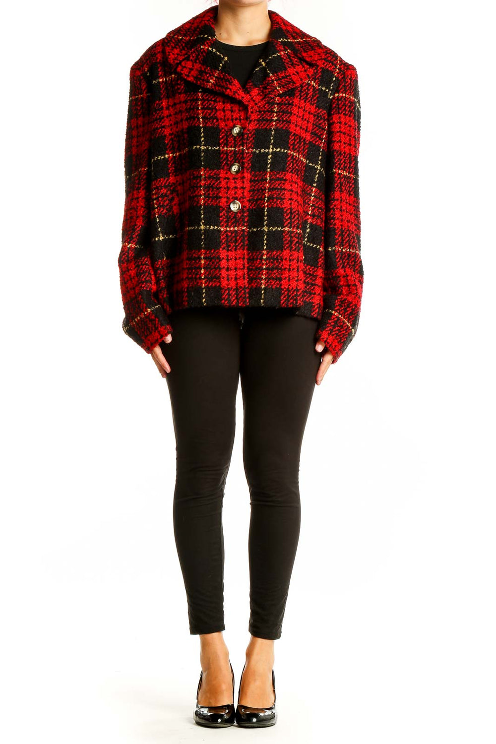 Front view of Evan Picone red plaid cropped jacket with button closure