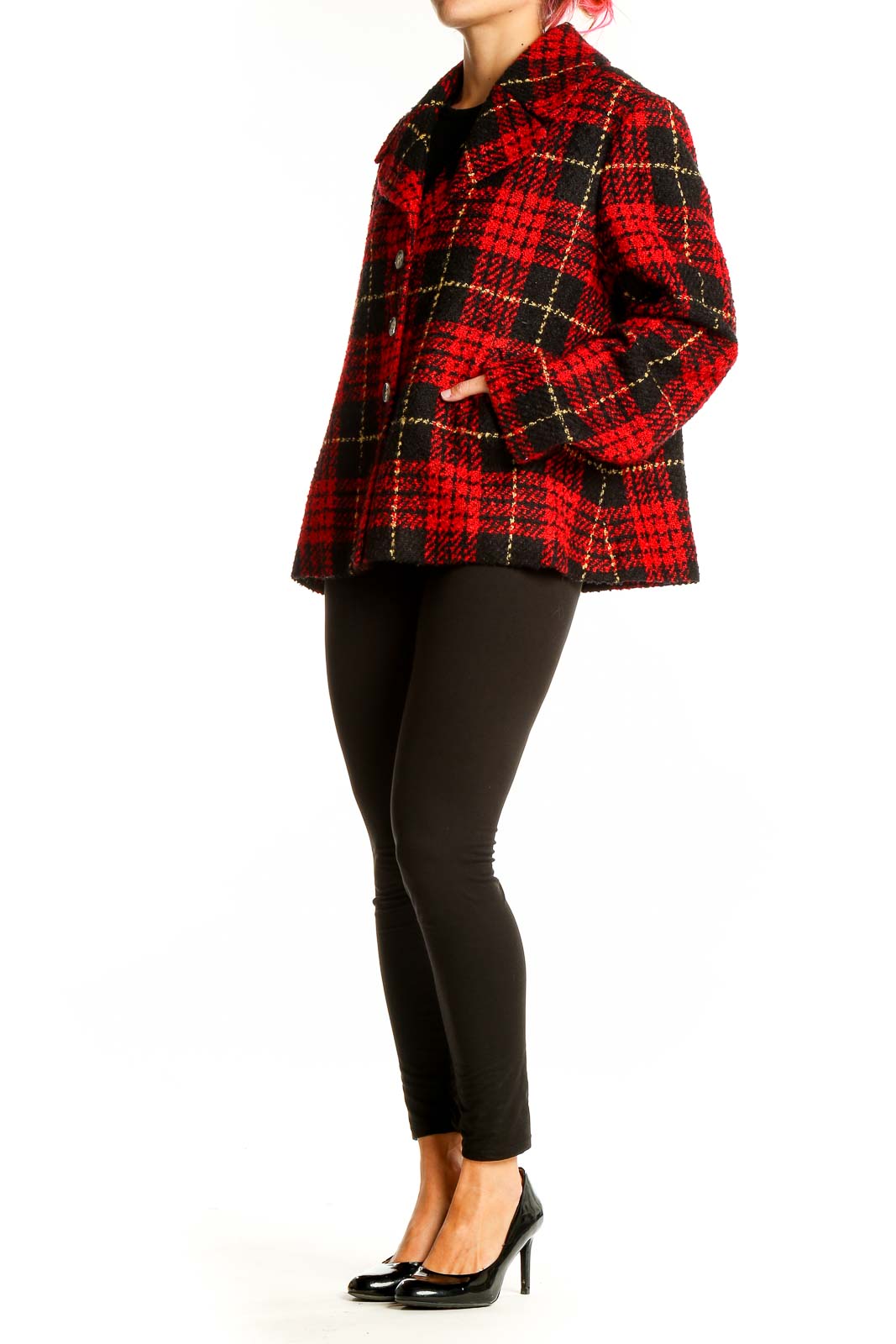 Front view of Evan Picone red plaid cropped jacket with button closure