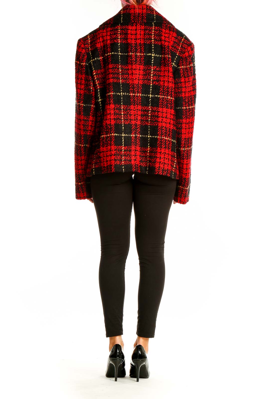 Back view of Evan Picone red plaid cropped jacket showing full pattern