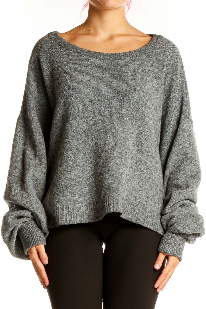 Front view of Madewell gray oversized alpaca blend sweater with boat neckline