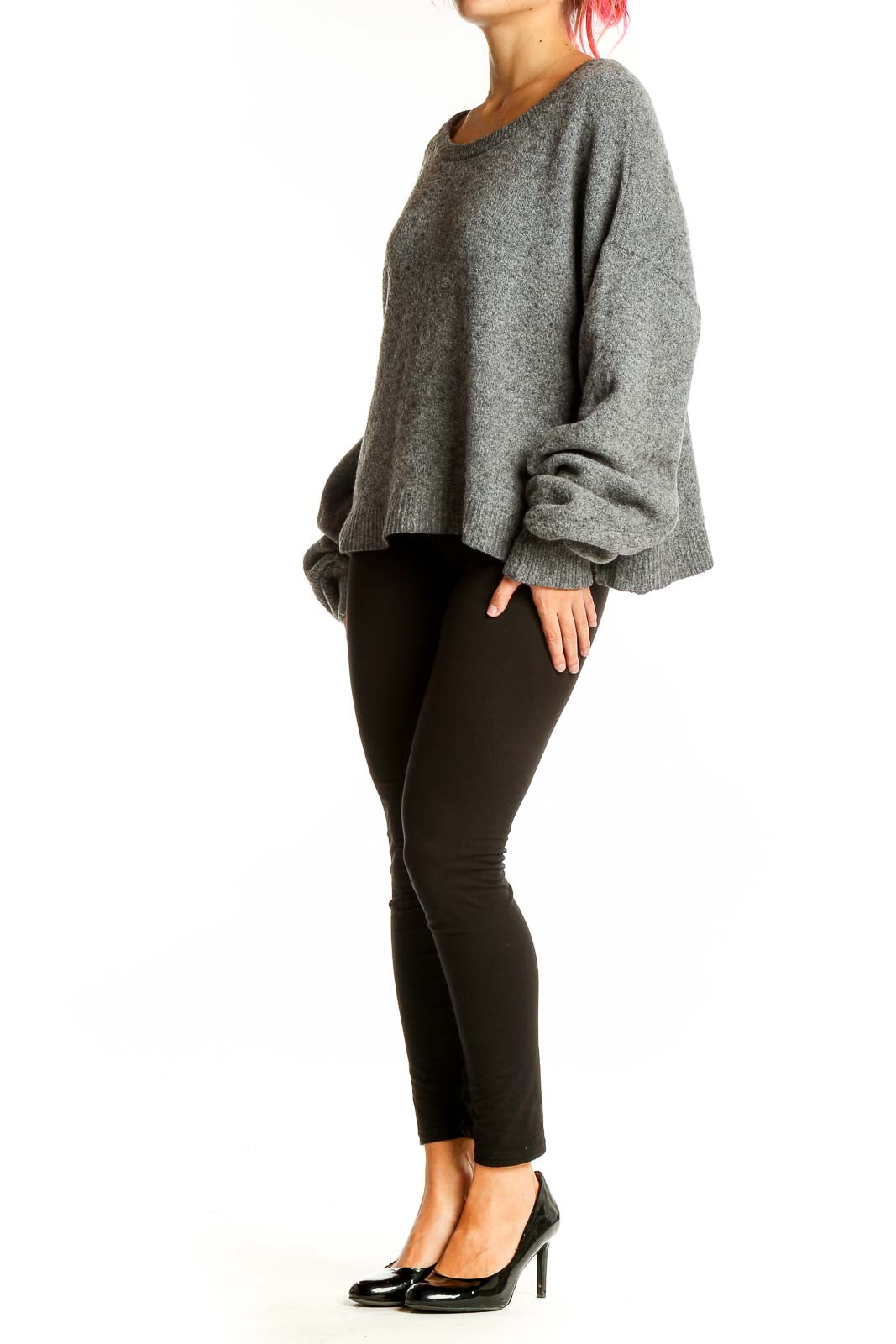 Front view of Madewell gray oversized alpaca blend sweater with boat neckline