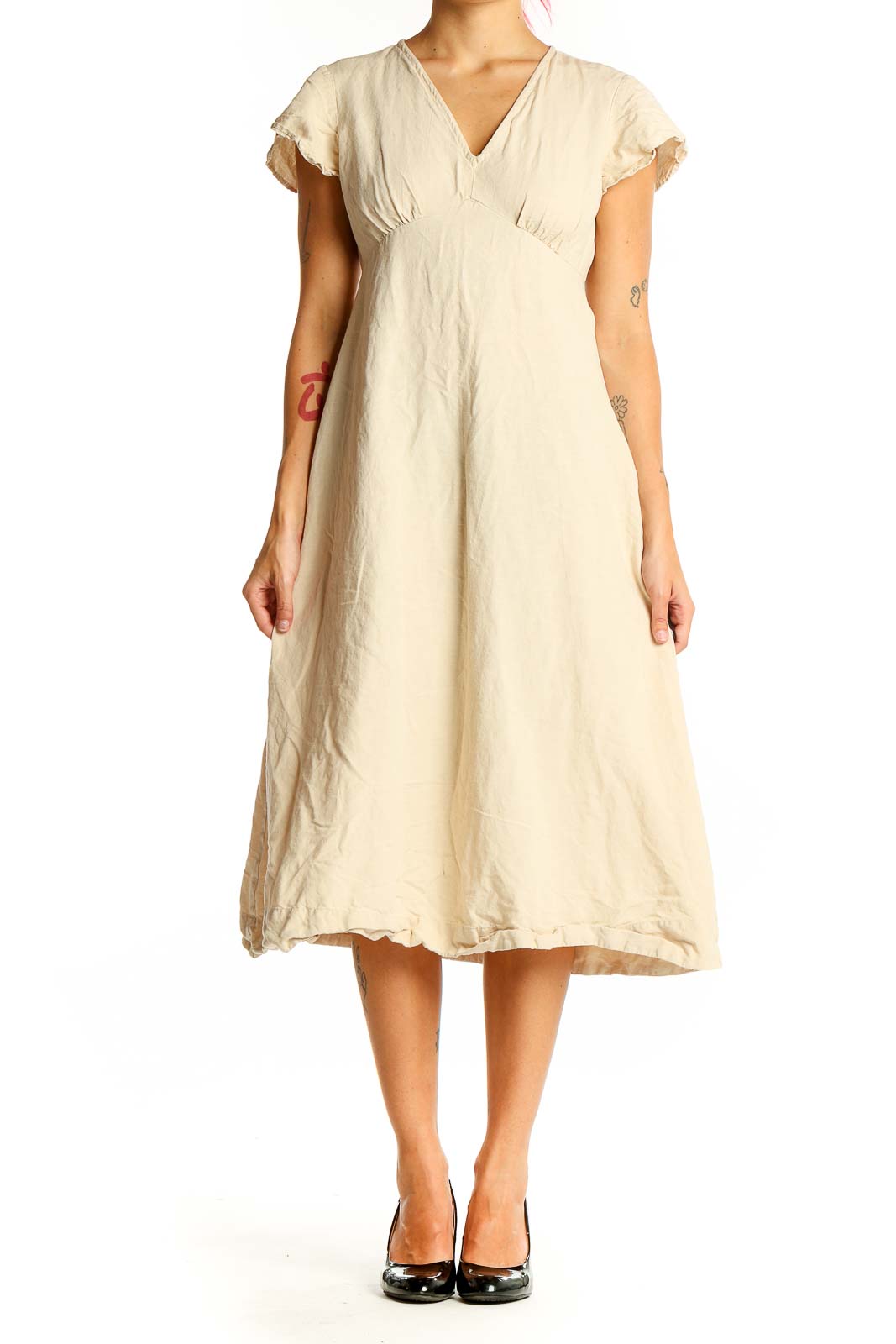 Front view of beige MNG midi dress with V-neck and frayed edges