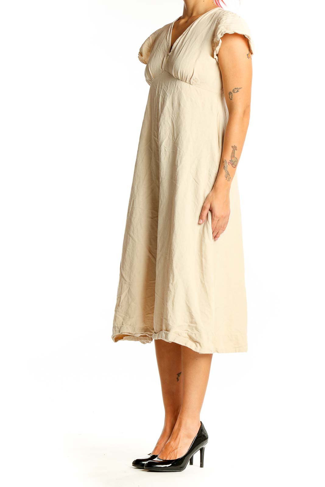 Front view of beige MNG midi dress with V-neck and frayed edges