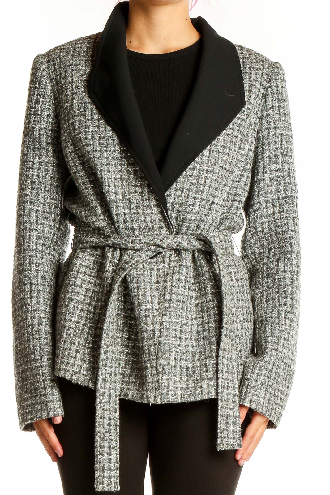 Front view of Gray Tweed Belted Wrap Jacket from White House Black Market