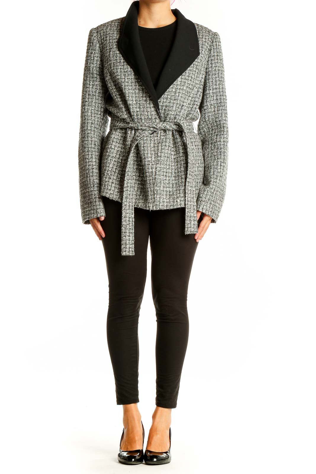 Front view of Gray Tweed Belted Wrap Jacket from White House Black Market